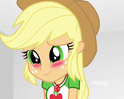 Size: 898x720 | Tagged: safe, screencap, applejack, better together, equestria girls, rollercoaster of friendship, blushing, cropped, discovery family logo, geode of super strength, solo