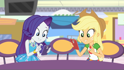 Size: 1366x768 | Tagged: safe, screencap, applejack, rarity, better together, equestria girls, rollercoaster of friendship, cellphone, geode of shielding, geode of super strength, phone, smartphone