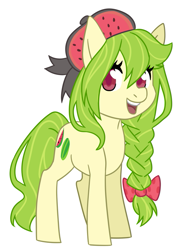 Size: 641x889 | Tagged: safe, artist:ponipoke, oc, oc only, oc:paine watermelon, earth pony, pony, bow, braid, colored pupils, female, hair bow, hat, mare, simple background, solo, white background