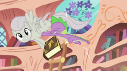 Size: 1280x723 | Tagged: safe, screencap, fluttershy, spike, dragon, pegasus, pony, the return of harmony, book, derp, discorded, duo, golden oaks library, ladder, surprised