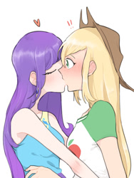 Size: 600x800 | Tagged: safe, artist:extraluna, applejack, rarity, human, better together, equestria girls, rollercoaster of friendship, blushing, cute, eyes closed, female, heart, hug, humanized, kissing, lesbian, rarijack, shipping, simple background, surprise kiss, surprised, white background, wide eyes