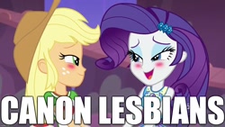 Size: 1280x720 | Tagged: safe, edit, edited screencap, editor:useraccount, screencap, applejack, rarity, better together, equestria girls, rollercoaster of friendship, blushing, female, image macro, meme, op is a cuck, rarijack, shipping