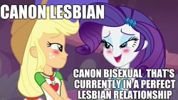 Size: 1280x720 | Tagged: safe, edit, edited screencap, editor:useraccount, screencap, applejack, rarity, better together, equestria girls, rollercoaster of friendship, blushing, caption, female, image macro, meme, op is a cuck, rarijack, shipping