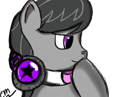 Size: 1280x1024 | Tagged: safe, artist:crescentpony, octavia melody, earth pony, pony, bust, choker, female, headphones, mare, raised hoof, simple background, solo, white background