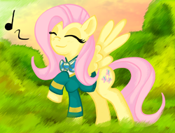 Size: 1626x1238 | Tagged: safe, artist:x-blackpearl-x, fluttershy, pegasus, pony, filli vanilli, clothes, cute, eyes closed, female, mare, music notes, raised leg, shyabetes, singing, spread wings, wings