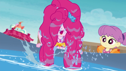 Size: 1920x1080 | Tagged: safe, screencap, pinkie pie, water lily (equestria girls), better together, equestria girls, x marks the spot, child, clothes, female, geode of sugar bombs, happy, magical geodes, open mouth, smiling, swimsuit, toddler, water, wet hair