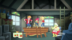 Size: 1280x720 | Tagged: safe, screencap, apple bloom, applejack, big macintosh, granny smith, better together, equestria girls, rollercoaster of friendship, apple cider, apple family, barefoot, feet, stomping, winepress