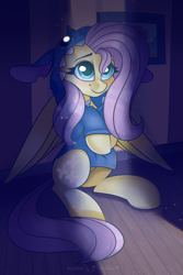 Size: 1417x2126 | Tagged: safe, artist:php97, fluttershy, pegasus, pony, clothes, colored pupils, cosplay, costume, crossover, cute, female, hoodie, hooves to the chest, mare, shyabetes, solo, stitch, sweater