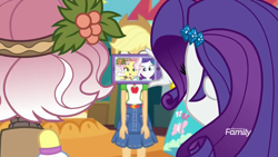 Size: 1280x720 | Tagged: safe, screencap, applejack, fluttershy, rarity, vignette valencia, better together, equestria girls, rollercoaster of friendship, beauty mark, camera shot, cellphone, clothes, denim skirt, flower, flower in hair, holly, me my selfie and i, phone, selfie, skirt, smartphone