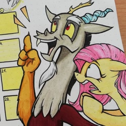 Size: 866x865 | Tagged: artist needed, safe, discord, fluttershy, draconequus, pegasus, pony, bust, calendar, duo, female, looking at something, mare, open mouth, shocked, traditional art