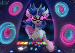 Size: 4093x2894 | Tagged: safe, artist:alexbluebird, dj pon-3, vinyl scratch, pony, unicorn, broken glasses, chest fluff, dj booth, female, high res, looking at you, mare, open mouth, solo, turntable, unshorn fetlocks