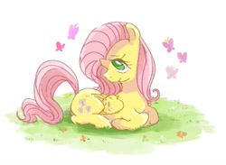 Size: 965x706 | Tagged: safe, artist:nota_mano, fluttershy, butterfly, pegasus, pony, cute, female, folded wings, grass, head turn, lying down, mare, prone, solo, wings