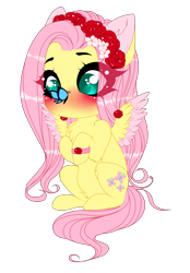 Size: 2297x3297 | Tagged: safe, artist:thilisma, fluttershy, butterfly, pegasus, pony, blushing, bracelet, butterfly on nose, chest fluff, colored ears, colored pupils, cute, eye clipping through hair, flower, flower in hair, fluffershy, heart eyes, insect on nose, jewelry, leg fluff, rose, shyabetes, sitting, solo, spread wings, two toned wings, wingding eyes, wings