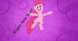 Size: 1366x729 | Tagged: safe, derpibooru exclusive, edit, edited screencap, screencap, pinkie pie, earth pony, pony, the one where pinkie pie knows, caption, complex background, female, happy new year 2019, image macro, mare, meme, new year, purple background, solo, text