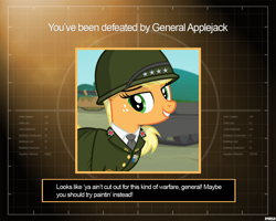 Size: 1280x1024 | Tagged: safe, artist:a4r91n, applejack, earth pony, pony, clothes, command and conquer, command and conquer: generals, crossover, helmet, looking at you, military uniform, tank (vehicle), uniform, you lose