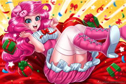 Size: 2000x1333 | Tagged: safe, artist:racoonsan, pinkie pie, human, anime, boots, clothes, cute, diapinkes, female, happy new year, happy new year 2019, holiday, humanized, nail polish, ponk, shoes, skirt, smiling, solo, thighs, upskirt denied, year of the pig, zettai ryouiki