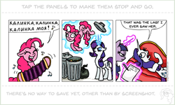 Size: 1010x607 | Tagged: safe, artist:gingerfoxy, pinkie pie, rarity, twilight sparkle, unicorn twilight, earth pony, pony, unicorn, pony comic generator, :<, :c, abuse, accordion, bipedal, comic, cute, derp, diapinkes, eyes closed, fainting couch, female, floppy ears, frown, happy, hoof hold, into the trash it goes, kalinka, levitation, lidded eyes, magic, mare, music, music notes, musical instrument, on back, open mouth, pinkiebuse, raribitch, russian, simple background, singing, smiling, sofa, speech bubble, telekinesis, text, trash, trash can, white background, wide eyes, writing
