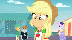 Size: 1280x720 | Tagged: safe, screencap, applejack, pearly stitch, snails, snips, better together, equestria girls, rollercoaster of friendship, geode of super strength