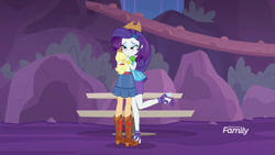 Size: 1280x720 | Tagged: safe, screencap, applejack, rarity, better together, equestria girls, rollercoaster of friendship, boots, clothes, discovery family logo, foot popping, gem, hug, jacket, jewelry, park, reunited, shipping fuel, shoes