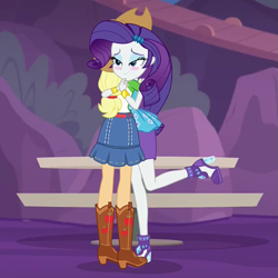 Size: 621x620 | Tagged: safe, screencap, applejack, rarity, better together, equestria girls, rollercoaster of friendship, boots, clothes, cropped, discovery family logo, foot popping, gem, hug, jacket, jewelry, park, reunited, shipping fuel, shoes