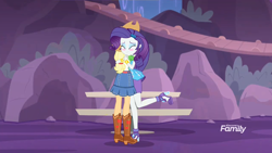 Size: 1280x720 | Tagged: safe, screencap, applejack, rarity, better together, equestria girls, rollercoaster of friendship, boots, clothes, discovery family logo, foot popping, gem, hug, jacket, jewelry, one leg raised, park, reunited, shipping fuel, shoes