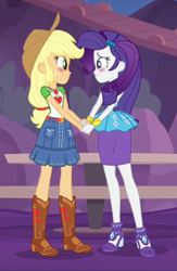 Size: 658x1009 | Tagged: safe, screencap, applejack, rarity, better together, equestria girls, rollercoaster of friendship, blushing, cropped, female, looking at each other, shipping fuel