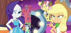 Size: 2297x1076 | Tagged: safe, screencap, applejack, blueberry cake, rarity, vignette valencia, better together, equestria girls, rollercoaster of friendship, duo, geode of shielding, one eye closed, shipping fuel, smiling, wink