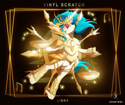 Size: 3840x3232 | Tagged: safe, artist:zidanemina, dj pon-3, vinyl scratch, pony, armor, crossover, female, helmet, libra, mare, saint seiya, smiling, solo, zodiac