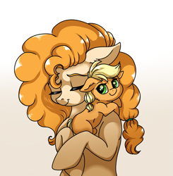 Size: 1963x2000 | Tagged: safe, artist:marbola, applejack, pear butter, earth pony, pony, cute, duo, eyes closed, female, filly, filly applejack, gradient background, hnnng, mare, mother and child, mother and daughter, parent and child, simple background, white background, younger