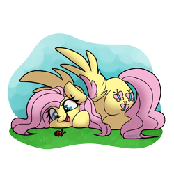 Size: 2800x2800 | Tagged: safe, artist:spoopygander, fluttershy, ladybug, pegasus, pony, colored wings, cute, female, happy, looking at something, lying down, mare, multicolored wings, open mouth, shyabetes, smiling, solo, spread wings, squishy cheeks, two toned wings, wing fluff, wings