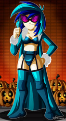 Size: 800x1463 | Tagged: safe, artist:xjkenny, dj pon-3, vinyl scratch, equestria girls, bra, breasts, cleavage, clothes, coat, female, halloween, holiday, jack-o-lantern, panties, pumpkin, smiling, solo, sunglasses, underwear