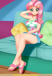 Size: 1400x2049 | Tagged: safe, artist:focusb, fluttershy, human, better together, spring breakdown, clothes, cute, feet, female, humanized, open mouth, sandals, shyabetes, sitting, sofa, solo, toes