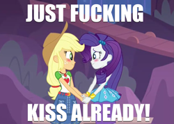 Size: 957x680 | Tagged: safe, edit, edited screencap, screencap, applejack, rarity, better together, equestria girls, rollercoaster of friendship, blushing, caption, female, holding hands, lesbian, looking at each other, meme, rarijack, shipping, shipping fuel, vulgar