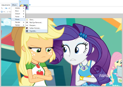 Size: 957x676 | Tagged: safe, edit, edited screencap, screencap, applejack, fluttershy, rarity, better together, equestria girls, rollercoaster of friendship, cowboy hat, duo focus, female, geode of shielding, geode of super strength, hat, implied vignette valencia, menu, paint.net, photoshop, pun