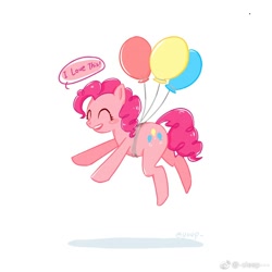 Size: 960x960 | Tagged: source needed, useless source url, safe, artist:sleep, pinkie pie, earth pony, pony, balloon, female, floating, love, mare, solo, then watch her balloons lift her up to the sky