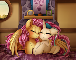 Size: 2516x1989 | Tagged: safe, artist:pridark, fluttershy, oc, oc:platinum rose, pegasus, pony, unicorn, blushing, canon x oc, chest fluff, commission, cute, eyes closed, female, lesbian, mare, prone, shipping, smiling, snuggling