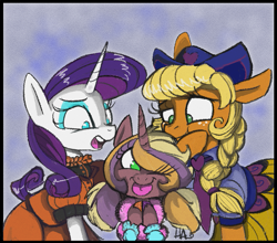 Size: 837x737 | Tagged: safe, artist:lavendire, applejack, rarity, oc, oc:appletea, earth pony, pony, unicorn, clothes, cute, dress, family photo, female, lesbian, magical lesbian spawn, offspring, rarijack, shipping