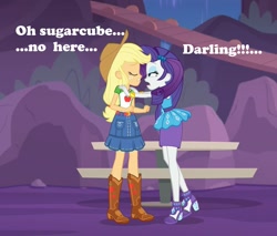 Size: 1265x1080 | Tagged: safe, edit, edited screencap, screencap, applejack, rarity, better together, equestria girls, rollercoaster of friendship, boots, clothes, darling, doll, dress, grammar error, hat, implied lesbian, implied rarijack, implied shipping, park, shoes, skirt, sugarcube, toy