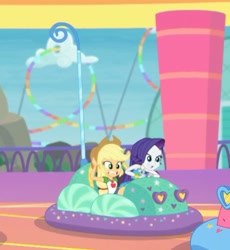 Size: 847x919 | Tagged: safe, screencap, applejack, rarity, better together, equestria girls, rollercoaster of friendship, bumper cars, clothes, cropped, cute, dress, duo, hat, jackabetes, park, raribetes, skirt