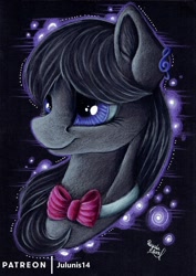 Size: 1600x2264 | Tagged: safe, artist:julunis14, octavia melody, earth pony, pony, black background, commission, female, mare, necktie, signature, simple background, smiling, solo