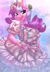 Size: 840x1200 | Tagged: safe, artist:atryl, oc, oc only, oc:ivy lush, anthro, unicorn, anthro oc, big breasts, breasts, clothes, cute, dress, female, mare, patreon, patreon logo, smiling, solo