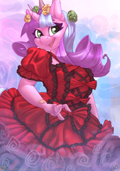 Size: 840x1200 | Tagged: safe, alternate version, artist:atryl, oc, oc only, oc:ivy lush, anthro, unicorn, anthro oc, big breasts, breasts, clothes, cute, dress, female, mare, patreon, patreon logo, smiling, solo