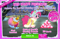 Size: 1043x683 | Tagged: safe, pinkie pie, earth pony, pony, advertisement, christmas, christmas ornament, clothes, costs real money, decoration, female, gameloft, holiday, mare, official, sale, solo, spirit of hearth's warming presents