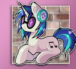 Size: 774x699 | Tagged: safe, artist:victoriathething, dj pon-3, vinyl scratch, pony, unicorn, brick wall, ear fluff, female, glasses, headphones, mare, solo