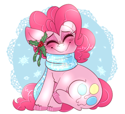 Size: 456x416 | Tagged: safe, artist:ponycide, pinkie pie, earth pony, pony, blushing, chest fluff, christmas, clothes, cute, diapinkes, ear blush, eyes closed, holiday, holly, scarf, smiling, snow, snowflake, solo, unshorn fetlocks