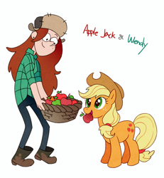 Size: 437x473 | Tagged: safe, artist:thorax9241, artist:腔 子, applejack, earth pony, pony, apple, apple basket, boots, cowboy hat, crossover, duo, female, food, gravity falls, hat, mare, mouth hold, shoes, simple background, wendy corduroy, white background