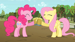 Size: 1280x720 | Tagged: safe, screencap, fluttershy, pinkie pie, earth pony, pegasus, pony, the super speedy cider squeezy 6000, apple tree, cheers, cider, duo, eyes closed, female, fence, happy, mare, mug, smiling, tankard, tree