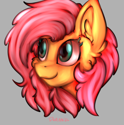 Size: 1356x1368 | Tagged: safe, artist:deraniel, fluttershy, pegasus, pony, bust, cheek fluff, ear fluff, female, gray background, looking away, mare, portrait, simple background, smiling, solo, three quarter view