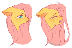 Size: 1024x681 | Tagged: safe, artist:onionpwder, fluttershy, pegasus, pony, bust, crying, eyes closed, female, floppy ears, looking down, mare, open mouth, profile, sad, simple background, solo, teary eyes, white background