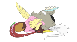 Size: 831x455 | Tagged: safe, artist:phineaddict, artist:yuyusunshine, discord, fluttershy, draconequus, pegasus, pony, chest fluff, colored, colored sketch, cute, discoshy, discute, ear fluff, eyes closed, female, male, open mouth, profile, prone, shipping, shyabetes, simple background, sleeping, snuggling, straight, transparent background